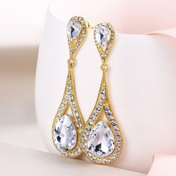 Yellow Gold with White Diamond Austrian Crystal Dual Dangling Teardrop Earrings - Picture 2 of 4